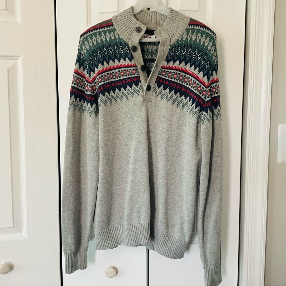 Izod Men's SMALL Saltwater Harbor Fairisle Sweater Henley Neck Gray